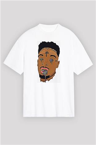 21 Savage Baskılı Beyaz Unisex Oversize Tişört - Tshirt
