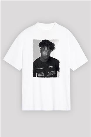 21 Savage Baskılı Beyaz Unisex Oversize Tişört - Tshirt