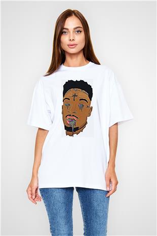 21 Savage Baskılı Beyaz Unisex Oversize Tişört - Tshirt