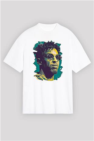 21 Savage Baskılı Beyaz Unisex Oversize Tişört - Tshirt
