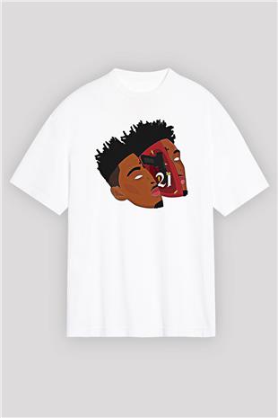21 Savage Baskılı Beyaz Unisex Oversize Tişört - Tshirt