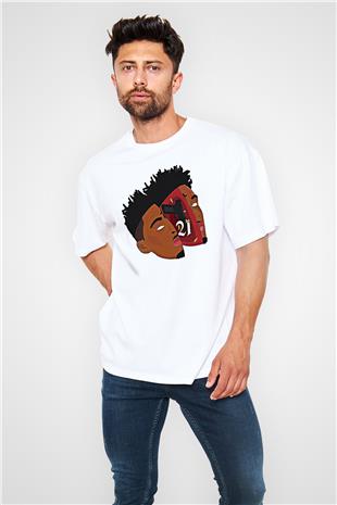21 Savage Baskılı Beyaz Unisex Oversize Tişört - Tshirt
