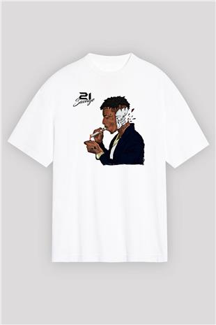 21 Savage Baskılı Beyaz Unisex Oversize Tişört - Tshirt