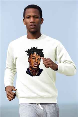 21 Savage Baskılı Beyaz Unisex Sweatshirt