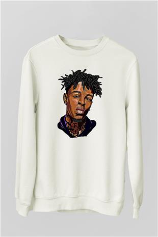 21 Savage Baskılı Beyaz Unisex Sweatshirt
