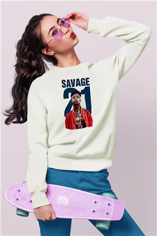 21 Savage Baskılı Beyaz Unisex Sweatshirt