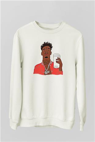 21 Savage Baskılı Beyaz Unisex Sweatshirt