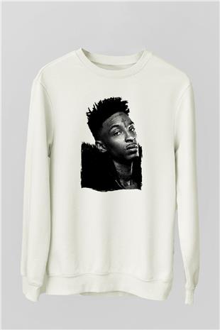 21 Savage Baskılı Beyaz Unisex Sweatshirt