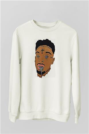 21 Savage Baskılı Beyaz Unisex Sweatshirt