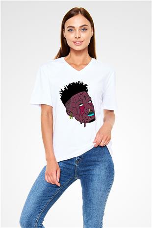 21 Savage Baskılı Beyaz Unisex V Yaka Tişört - Tshirt