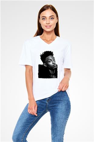 21 Savage Baskılı Beyaz Unisex V Yaka Tişört - Tshirt