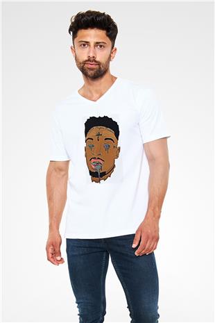 21 Savage Baskılı Beyaz Unisex V Yaka Tişört - Tshirt