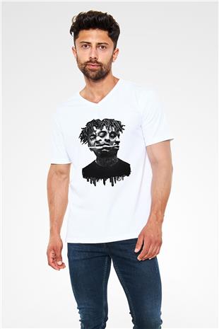 21 Savage Baskılı Beyaz Unisex V Yaka Tişört - Tshirt