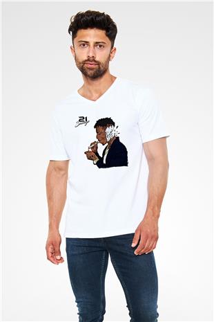 21 Savage Baskılı Beyaz Unisex V Yaka Tişört - Tshirt