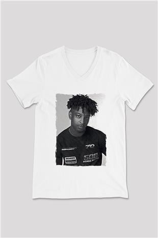 21 Savage Baskılı Beyaz Unisex V Yaka Tişört - Tshirt