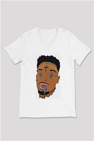21 Savage Baskılı Beyaz Unisex V Yaka Tişört - Tshirt