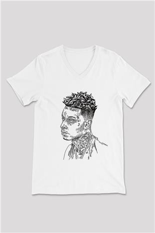 21 Savage Baskılı Beyaz Unisex V Yaka Tişört - Tshirt
