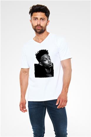 21 Savage Baskılı Beyaz Unisex V Yaka Tişört - Tshirt