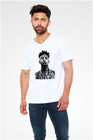 21 Savage Baskılı Beyaz Unisex V Yaka Tişört - Tshirt