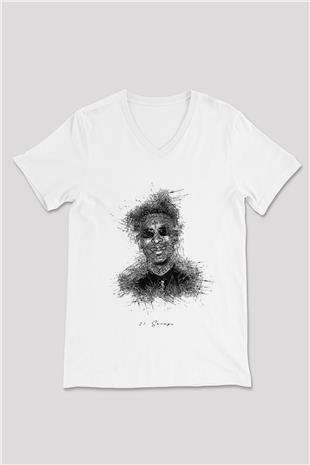 21 Savage Baskılı Beyaz Unisex V Yaka Tişört - Tshirt
