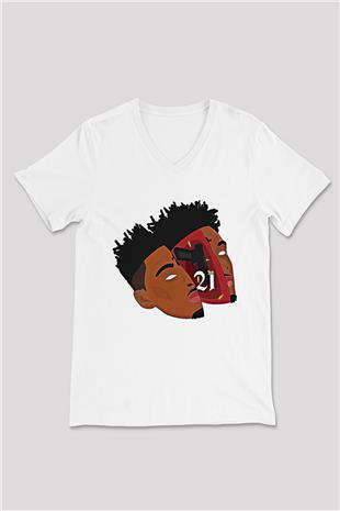 21 Savage Baskılı Beyaz Unisex V Yaka Tişört - Tshirt