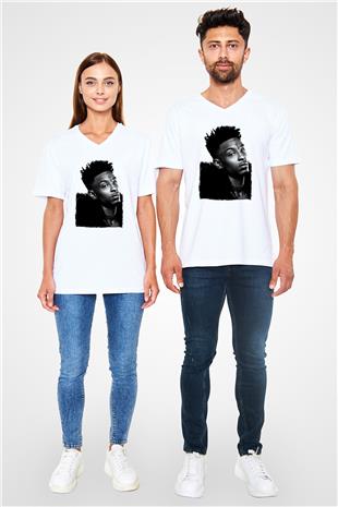 21 Savage Baskılı Beyaz Unisex V Yaka Tişört - Tshirt