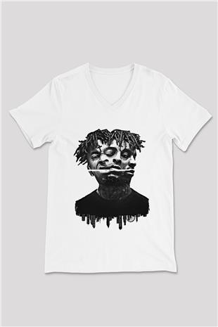 21 Savage Baskılı Beyaz Unisex V Yaka Tişört - Tshirt