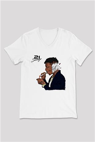 21 Savage Baskılı Beyaz Unisex V Yaka Tişört - Tshirt