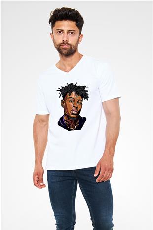 21 Savage Baskılı Beyaz Unisex V Yaka Tişört - Tshirt