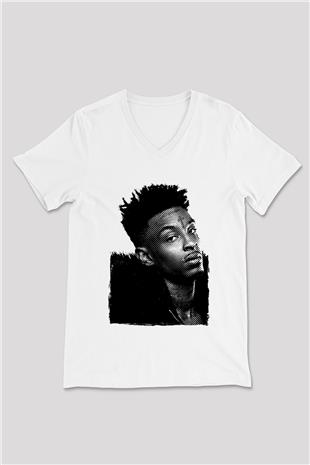 21 Savage Baskılı Beyaz Unisex V Yaka Tişört - Tshirt
