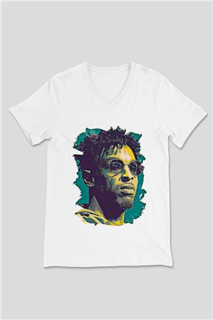 21 Savage Baskılı Beyaz Unisex V Yaka Tişört - Tshirt