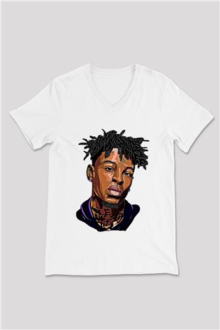 21 Savage Baskılı Beyaz Unisex V Yaka Tişört - Tshirt