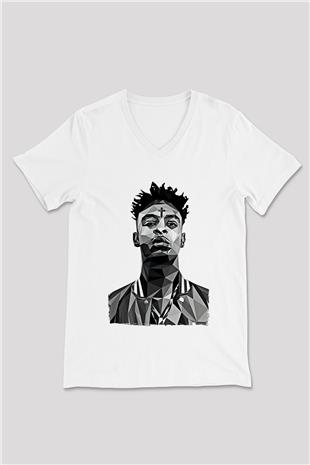 21 Savage Baskılı Beyaz Unisex V Yaka Tişört - Tshirt