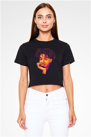 21 Savage Baskılı Siyah Crop Top Kadın Tişört - Tshirt