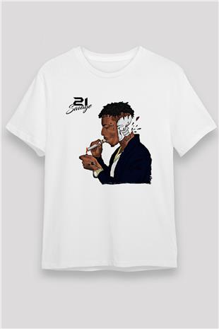 21 Savage Baskılı Unisex Beyaz Tişört - Tshirt