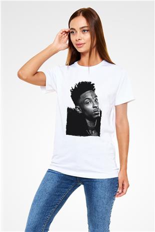 21 Savage Baskılı Unisex Beyaz Tişört - Tshirt