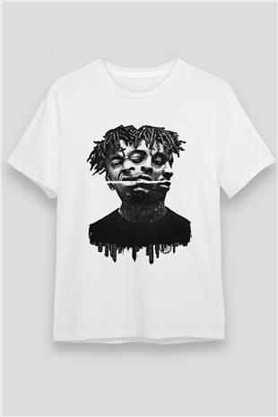 21 Savage Baskılı Unisex Beyaz Tişört - Tshirt