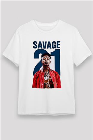 21 Savage Baskılı Unisex Beyaz Tişört - Tshirt