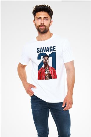 21 Savage Baskılı Unisex Beyaz Tişört - Tshirt