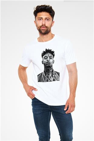 21 Savage Baskılı Unisex Beyaz Tişört - Tshirt
