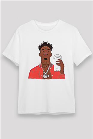 21 Savage Baskılı Unisex Beyaz Tişört - Tshirt