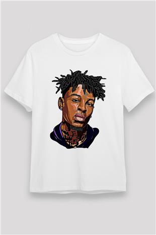21 Savage Baskılı Unisex Beyaz Tişört - Tshirt