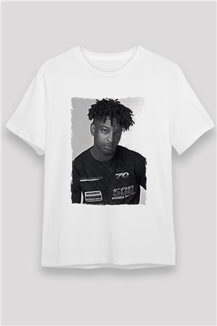 21 Savage Baskılı Unisex Beyaz Tişört - Tshirt