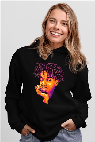21 Savage Baskılı Unisex Siyah Hoodie