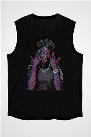 21 Savage Baskılı Unisex Siyah Kolsuz Tişört - Tshirt