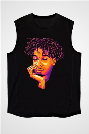 21 Savage Baskılı Unisex Siyah Kolsuz Tişört - Tshirt
