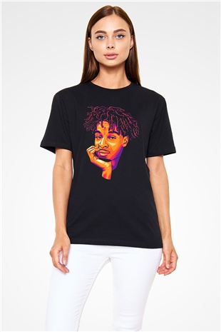 21 Savage Baskılı Unisex Siyah Tişört - Tshirt