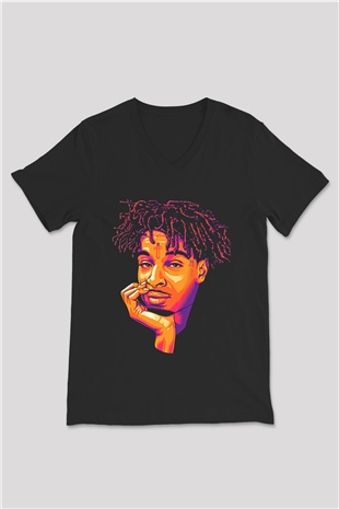 21 Savage Baskılı Unisex Siyah V Yaka Tişört - Tshirt