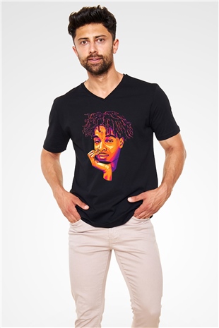 21 Savage Baskılı Unisex Siyah V Yaka Tişört - Tshirt