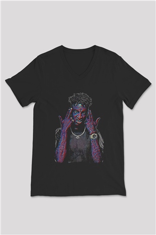21 Savage Baskılı Unisex Siyah V Yaka Tişört - Tshirt
